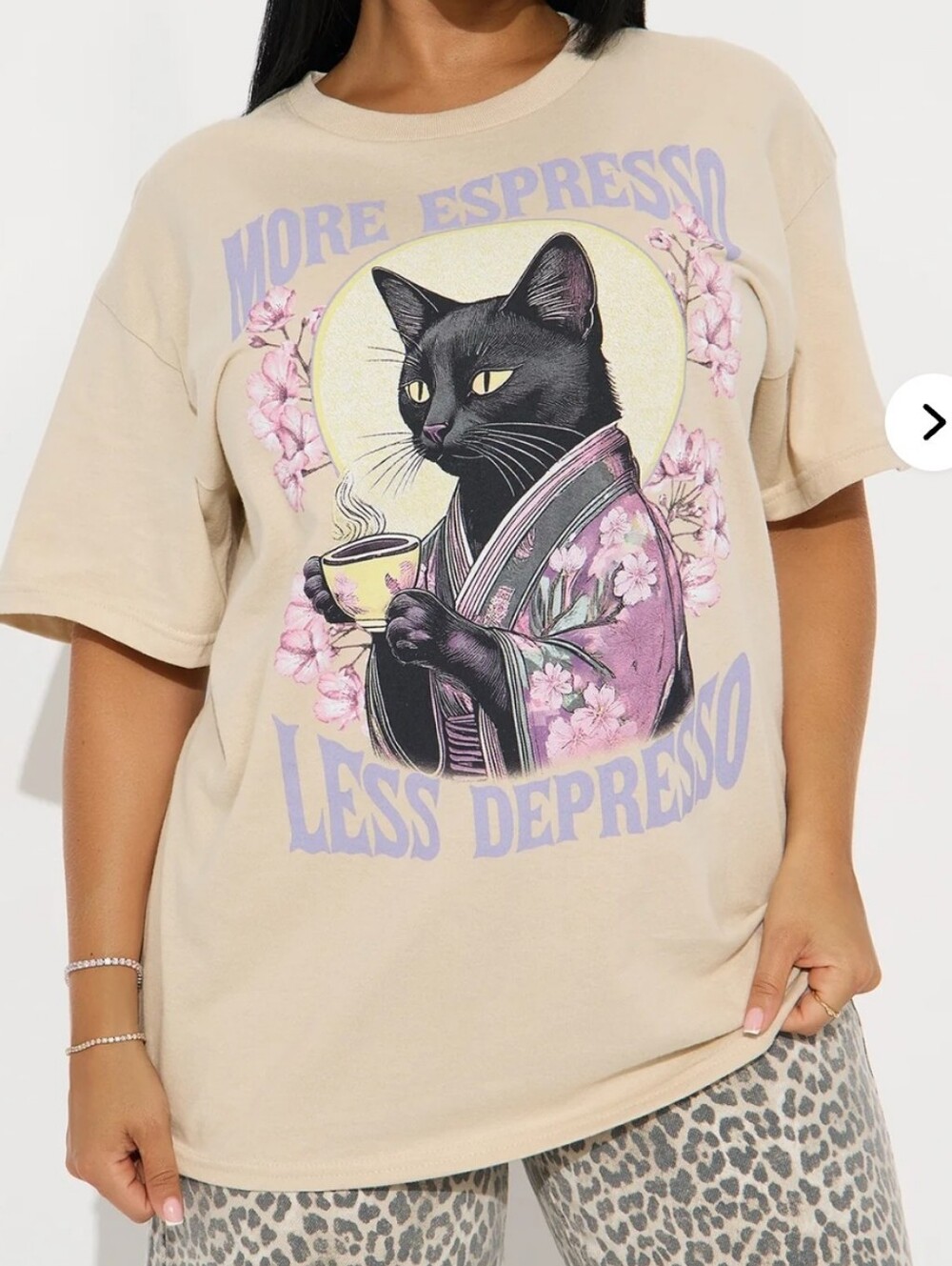 Fashion Nova Cream Tee with Black Cat and Lavender Floral Graphic